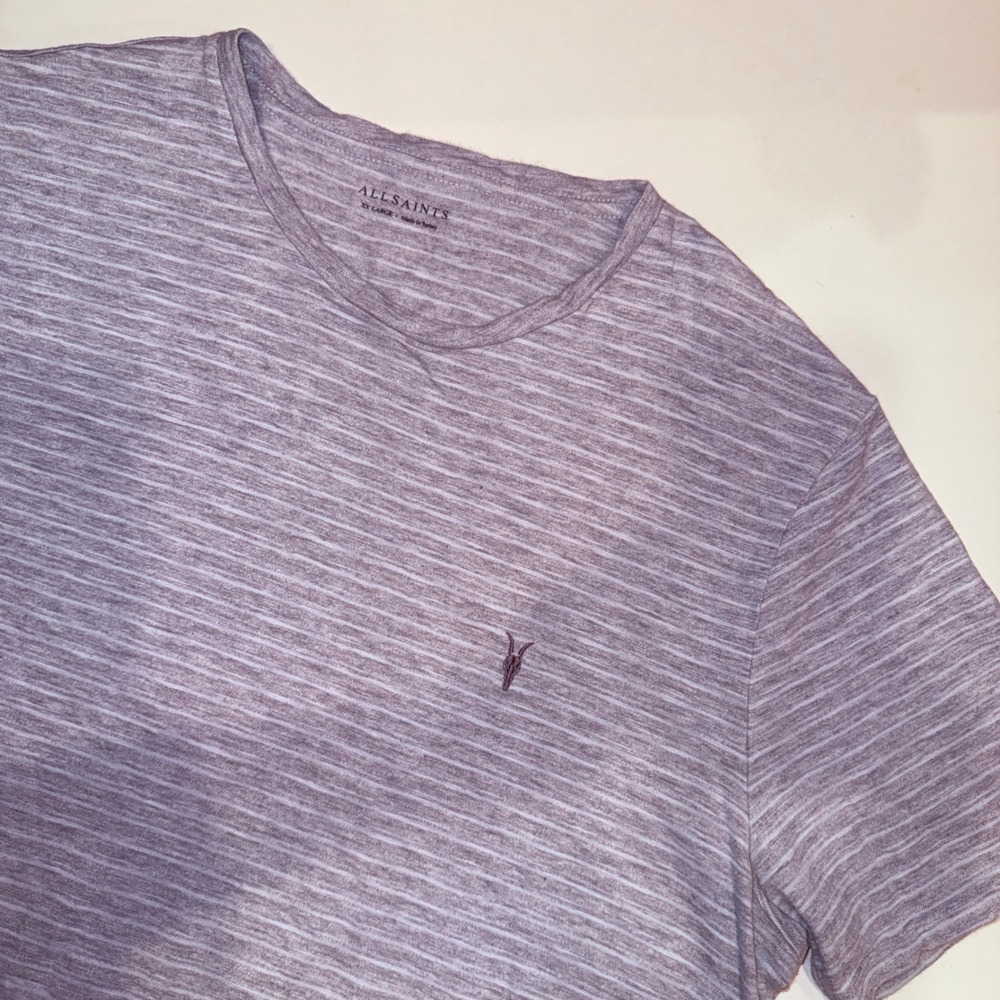 AllSaints Mana Striped T-Shirt Mens XXL 2XL Gray White Ramskull Logo Slim Tee